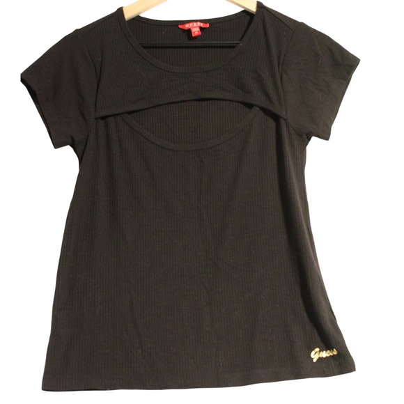Guess Los Angeles Ribbed Knit Top Short Sleeve Cut Out Black Casual - Picture 1 of 3